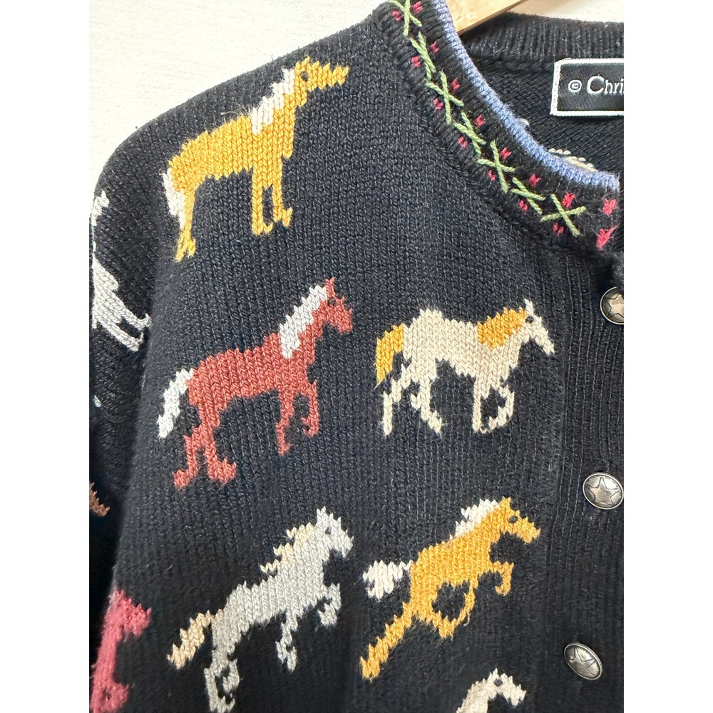 Christine Foley Vintage Horse Knit Cardigan Black Earth Tones Size 2 - Picture 3 of 4